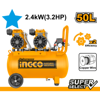INGCO ACS224501 50L 2×1200W (3.2HP) كومبرسور هواء كاتم AIR COMPRESSOR OIL FREE