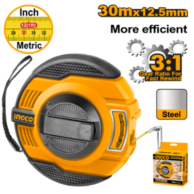INGCO HSMT8430 30 mx12.5 mm مازورة كيل معدن Fast Rewind Steel Measuring Tape with Comfortable Rubber Grip