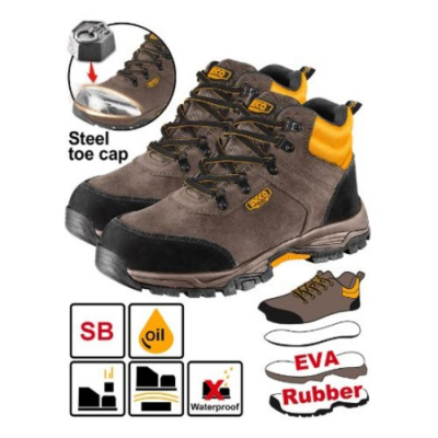 INGCO SSH11SB حذاء للعمال مخمل بني بشريط مع حماية معدنية للاصابع عالي Safety Boots, SB Class, Leather and EVA/Rubber Sole, Oil Resistant