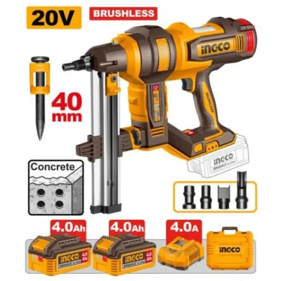 INGCO CCNLI9008 20V 2BATT 4AH+CHAR+BOX 40MM فرد مسمار باطون على البطارية Brushless Cordless Concrete Nailer