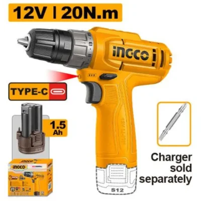INGCO CDLI12456 12V 1BATT 1.5AH TYPE-C 20N.M مقدح بطارية Cordless Drill