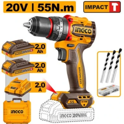 INGCO CIDLI20558 20V 2BATT 2AH+BOX 13MM BL55N.M مقدح بطارية صناعي رجراج Compact Brushless Cordless Drill