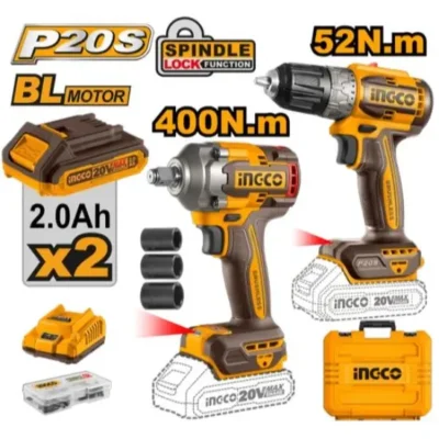 INGCO CKLI20271 20V 2BATT+CHAR+BOX 10MM كومبو فرد شد عزق+ مقدح بطارية Cordless combo 1/2" Impact wrench 400Nm + Impact drill 52Nm
