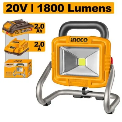 INGCO CWLI20258 20V 1BATT 2AHG+CHAR 1800 LUMENS LED بروجكتور مع قاعدة Cordless Work Light