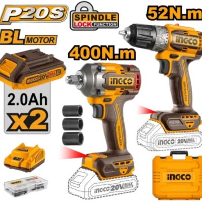 20V 2Batt+Char+Box 10mm كومبو فرد شد عزق400 ن+ مقدح بطارية