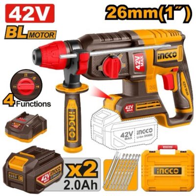 42V 2Batt 2Ah+Char+Box 26mm BL برم وتكسير بطارية SDS مقدح