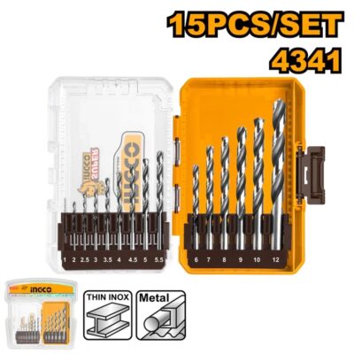 INGCO AKDL51506 15PCS 4341 HSS طقم ريش حديد صناعي Drill Bits Set for Metal