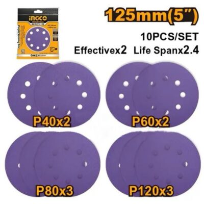 INGCO AKRS125101 10PCS 125MM APLI2002,CROSLI2001,RS3208 ورق حف حفافة Purple Sanding Disc Set