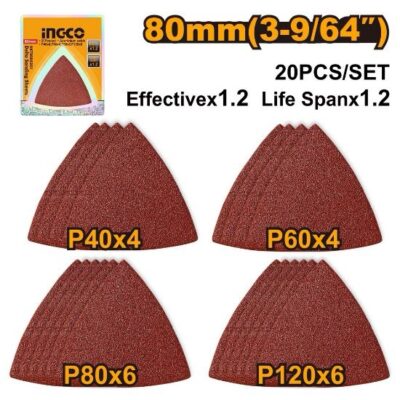 INGCO AKTS080201 20PCS P(40-60-80-120)CMLI2001-MF3008 ورق حف حفافة مثلث Delta Sanding Sheets Set