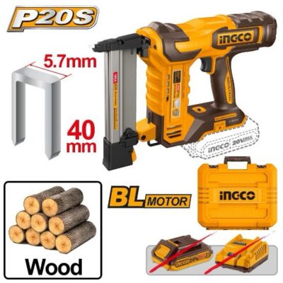 INGCO CCSNLI6005 20V BOX + فرد كباس لخشب على البطارية Cordless Crown Stapler Nailer