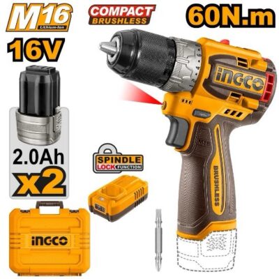 INGCO CDLI16682 16V 2BAT 2AH+CHAR+BOX BL مقدح بطارية Compact Brushless Cordless Drill
