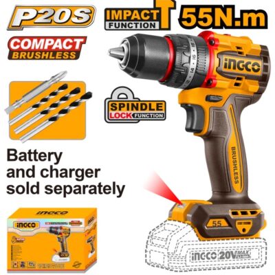INGCO CIDLI205581 20V 13MM BL 55N.M مقدح بطارية صناعي رجراج Compact Brushless Cordless Drill