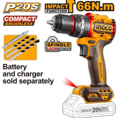 INGCO CIDLI206681 20V 13MM 66 N.M BL مقدح بطارية صناعي رجراج فدار Cordless Brushless Motor Impact Drill (Bare Tool)