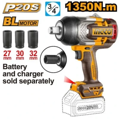 INGCO CIWLI201351 20V BL 1350N.M 3/4" فرد شد عزق بطارية Brushless Cordless Impact Wrench
