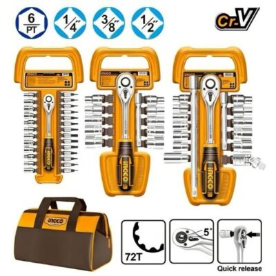INGCO COS23092 (1/4"-3/8"-1/2")ثلاثة اطقم طقطاق مع طرابيش+شنطة قماش COMBO 3 Sizes Socket Set