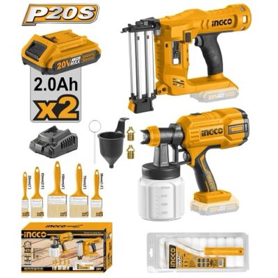 INGCO COSLI23016 20V 2BATT 2A+CHAR فرد كباس+فرد رش+طقم فراشي ورول دهان Cordless Brad Nailer Kit & Spray Gun Set