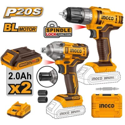 INGCO COSLI230702 20V 2BATT 2AH+ BOX فرد شد عزق "1/2 300 + مقدح بطارية Combo Kit cordless drill impact wrench