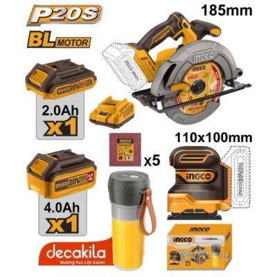 INGCO COSLI231002 20V 1B-2A+1B 4A+CHAR+بلندر+منشار صدر+حفافة مربعة Cordless 3-Piece Combo Kit - Circular Saw, Sheet Sander & Portable Blender