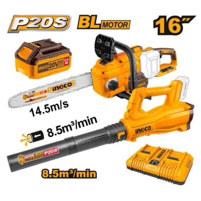 INGCO COSLI240463 20V 2BATT 5AH+CHAR BL منشار حطب+بلاور حدائق كبير نفخ CORDLESS CHAIN SAW + GARDEN BLOWER