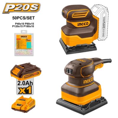 INGCO COSLI240582 (1PCS 240W + 1PCS 20V) مجموعة حفافات مربعة Cordless & Corded Palm Sander Combo Kit