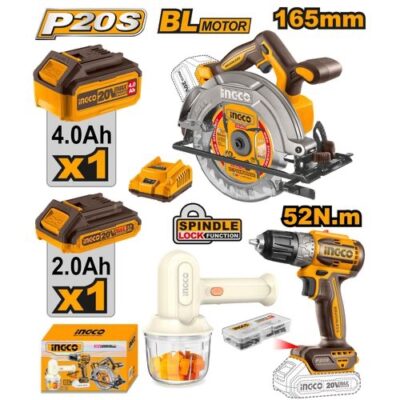 INGCO COSLI240583 20V 2BATT+CHAR HAND MIXER+مقدح + منشار صدر COMBO 3 PCS Kit CORDLESS CIRCULAR SAW IMPACT DRILL