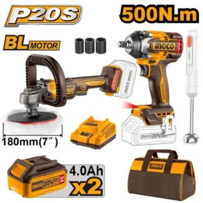 INGCO COSLI240686 20V 2BATT 4AH BAG 500N بلندر+فرد شد عزق+صاروخ بوليش Cordless Combo Kit Brushless Impact Wrench with Cordless Polisher and Hand Blender