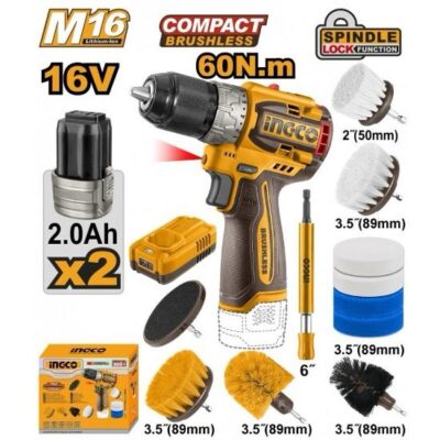 INGCO COSLI240786 16 V 2BATT 2AH + CHAR 60N.M (مقدح + (طقم فراشي Combo Kit Cordless Drill with 11PCS Cleaning Brush