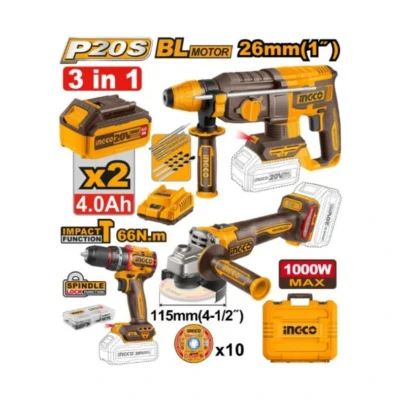 INGCO COSLI241198 20V 2B 4A 26MM SDS صاروخ+مقدح بطارية رجراج +ديسكات+مقدح Cordless 3 pcs combo kit