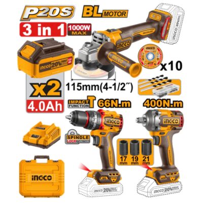 INGCO COSLI241291 20V 2BATT 4AH 400N.M صاروخ+مقدح بطارية رجراج + ديسكات+فرد شد Combo Kit cordless angle grinder impact drill impact wrench