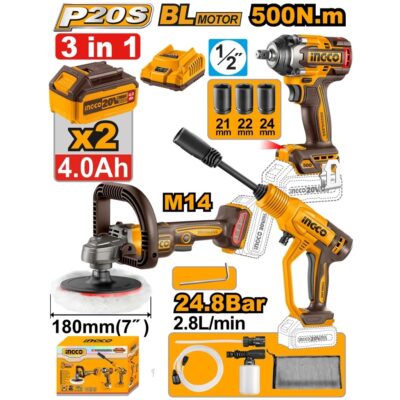 INGCO COSLI250184 20V صاروخ بوليش+فرد رش غسيل+فرد شد عزق Combo Kit Set Polisher Impact Wrench Pressure Washer