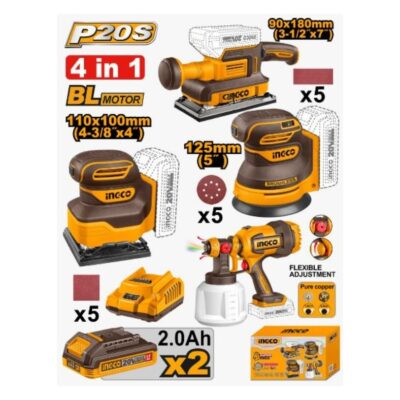 INGCO COSLI250383 20V 2BATT 2AH+CHAR مجموعة حفافات وفرد رش بويا بطارية Sander Combo Kit Brushless