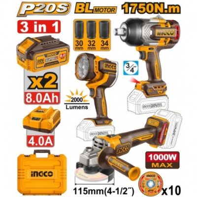 INGCO COSLI250593 20V 2BATT 8AH+CHAR+BOX صاروخ +بروجكتور+ N.M 1750 3/4"مجموعة فرد شد عزق Impact Wrench Angle Grinder Work Lamp 3Pcs Combo kit Industrial