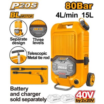 INGCO CPWLI4006 40 V 80 BAR مكنة غسيل مع خزان Brushless Cordless Pressure Washer
