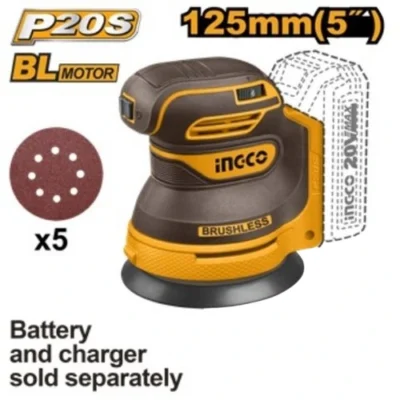 INGCO CROSLI2002 20V 125MM 5" حفافة مبرومة بطارية Cordless Random Orbit Sander