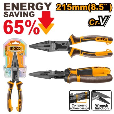 INGCO HCLNP58200 8.5" 215MM ENERGY SAVING 65% بانسة بولاد بوز طويل صناعية Compound Action Long Nose Pliers