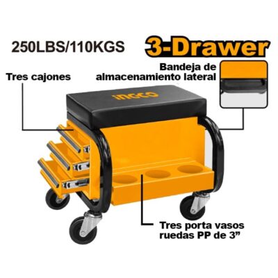 INGCO HCS103 مقعد متحرك بثلاثة جوارير وستاند للعدة SEAT CREEPER W/3XSIDE DRAWERS+FRONT TRAYS