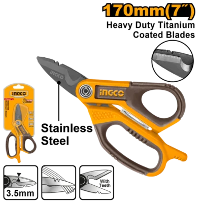 INGCO HES051708 170MM(7") مقص ستانلس مطلي تيتانيوم Electrician's Scissors Titanium Plated Stainless Steel