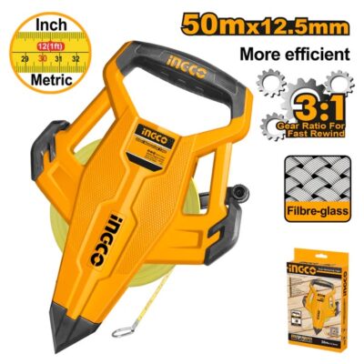 INGCO HFMT8350 50 M X 12.5 MM مازورة كيل فايبر براس شك Fiberglass Measuring Tape Open Reel