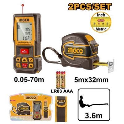 INGCO HLDD241201M 2PCS 5MX32MM مجموعة متر ليزر 70 متر+ متر Laser Distance Detector Combo Kit