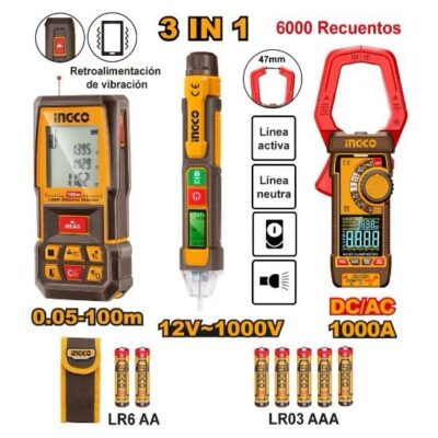 INGCO HLDD241202 3IN1 مجموعة متر ليزر+كلامبميتر+مفك تاست الكترون Combo Kit Laser Distance Detector with Laser & DC/AC Clamp Meter