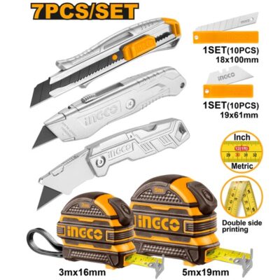 INGCO HMK23039 7PCS طقم شفرات وأمتار ملبس كوتشوك Measuring Tape & Utility Knife Set