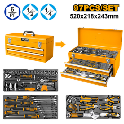 INGCO HTCS220971 97PCS طقم عدة شنطة حديد بجوارير Tool Chest Set Hand Tools Metal Box Set