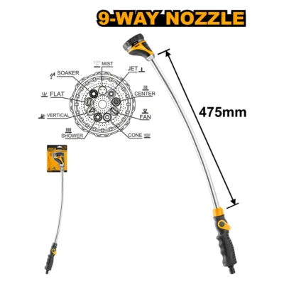 INGCO HWW092 475MM 3/4" مرشة مياه مسكة طويلة 9 عيارات Water Wand Spray Nozzle Garden Spray with 9 Pattern