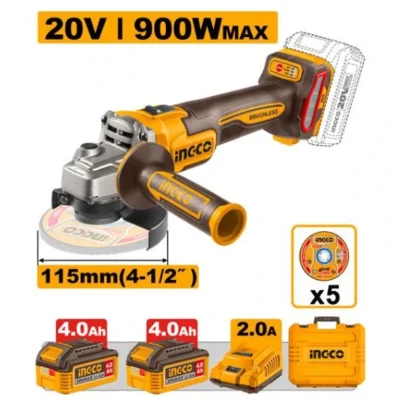 INGCO CAGLI261522 20V 2BATT 4A+CHAR+BOX BL 900W صاروخ بطارية Cordless Angle Grinder