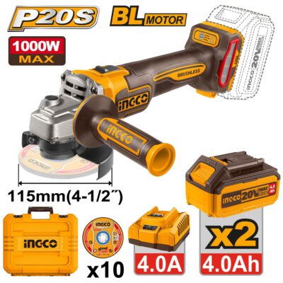 INGCO CAGLI271532  20V 2BATT 4AH+CHAR+BOX 1000W BL صاروخ بطارية Industrial Cordless angle grinder
