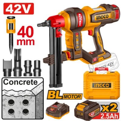 INGCO CCNLI420602 42V 2BATT 2.5AH+CHAR+BOX 40MM فرد مسمار باطون على CONCRETE NAILER