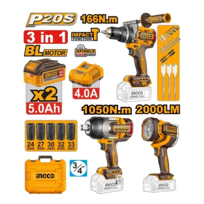 INGCO COSLI250882 مجموعة مقدح بطارية 166N.M + فرد شد عزق 1050N.M+ بروجكتور +20V 2BATT 5AH+BOX Industrial Compact Drill, Impact Wrench, Work Lamp