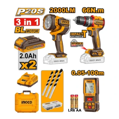 INGCO COSLI250885 مجموعة مقدح بطارية 66N.M + متر ليزر + بروجكتور +20V 2BATT 2AH+BOX COMBO KIT Cordless Brushless Impact Drill + Work Lamp + Laser Measure