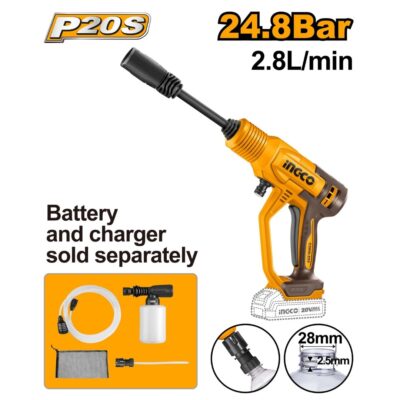 INGCO CPWLI2036 20V 24.8 BAR فرد غسيل بوز رفيع بطارية CORDLESS PRESSURE WASHER