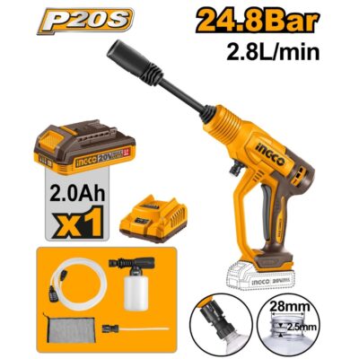 INGCO CPWLI20362  20V 24.8 1BATT 2A+CHAR فرد غسيل بوز رفيع بطارية  CORDLESS PRESSURE WASHER